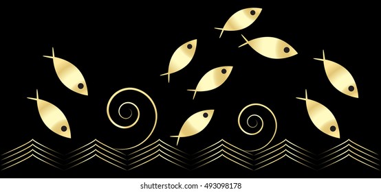 Golden fishes jumping above the waves - decorative elements for design label/ menu/ advertisement/ logo. Gaggle of goldfishes flying over beautiful golden waves on the black background. Vector.