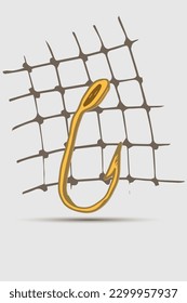 Golden fishing hook, clip art empty fishing hook trap, golden tackle hook hang for fishing sport