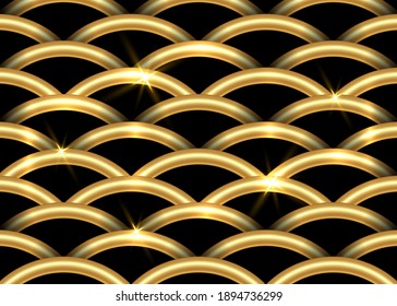 Patrón dorado a escala de peces. Hermoso enlosado oriental de tres círculos con elementos dorados brillantes. Fondo decorativo de cuadrícula de estilo japonés. Ilustración del vector aislada en fondo negro 