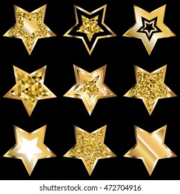 Golden five pointed star icon isolated on black background. Trendy logo design template.