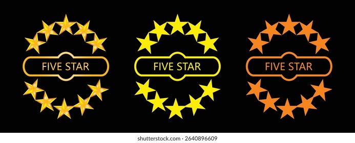 Golden Five Star circle Logos Set on Black Background.
