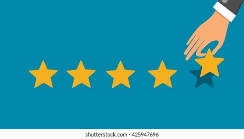 Golden Five Star Rating System on Blue Background With Hand Adding Star Flat Vector Design