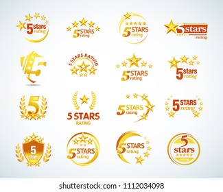 	
Golden Five stars logo template set. 5 star rating emblems set. Isolated Vector illustration.