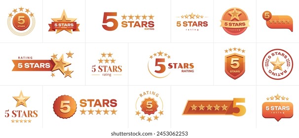 Golden Five stars logo template set. 5 star rating emblems set