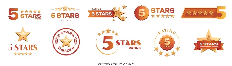 Golden Five stars logo template set. 5 star rating emblems set