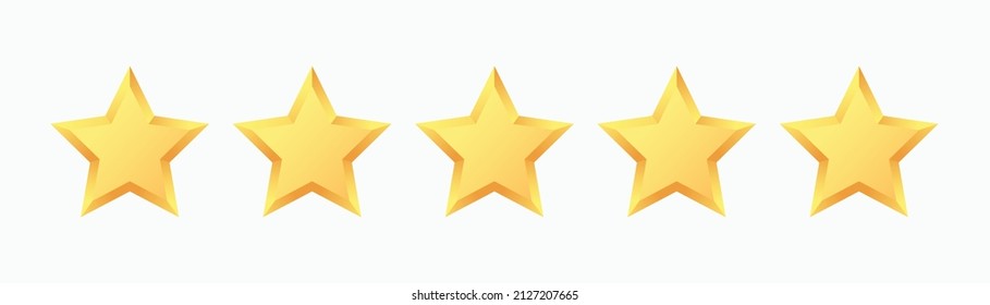 Golden five stars rating, gold star icon, quality customer product review, gradient vector, star signs and symbols