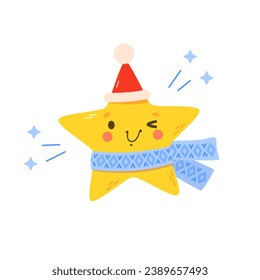 Golden five-pointed star with cute smiling face wearing a red Santa Claus hat and a knitted winter blue scarf with an ornament dances and sparkles. Vector illustration on white isolated background.
