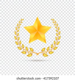 Estrella dorada de cinco puntas con corona de laurel sobre fondo transparente, Ilustración vectorial para su presentación, carteles, portada y otro diseño