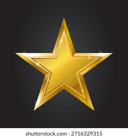 Estrella dorada de cinco puntas con efecto metálico aislado sobre fondo negro. Estrella 3D. Elemento decorativo para diseño de Navidades, publicidad, premios. Estrella realista de Navidad. Ilustración vectorial.