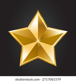 Estrela dourada de cinco pontas com efeito metálico isolado no fundo preto. Estrela 3D. Elemento decorativo para design de Natal, publicidade, prêmios. Estrela Xmas realista. Ilustração vetorial.