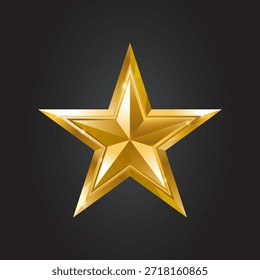 Estrela dourada de cinco pontas com efeito metálico isolado no fundo preto. Estrela 3D. Elemento decorativo para design de Natal, publicidade, prêmios. Estrela Xmas realista. Ilustração vetorial.