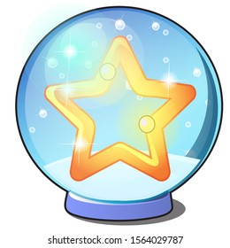 Golden five-pointed star in a snow globe isolated on a white background. Vector cartoon close-up illustration