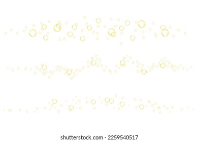 Golden fizzy bubbles of carbonated drink, soda, beer, champagne or wine. Yellow effervescent gas flow. Vector realistic texture.