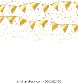 Golden Flags And Confetti Falling On White Background. Vector