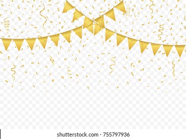 Goldene Flaggen mit Confetti und goldene Ribbons auf transparentem Hintergrund, Festliche Illustration Fallender Shiny Glitters, Party-Feiern, Garnelenhaufen, Vektorgrafik