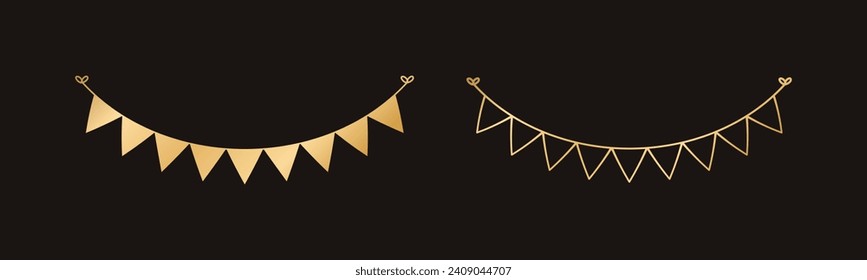 Golden Flags Garland set, Festive Birthday, Christmas Party celebration, Hanging buntings garlands vector illustration