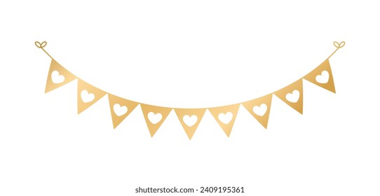 Golden Flags with Heart Pattern. Festive Birthday, Valentines Party celebration. Hanging buntings garlands vector illustration
