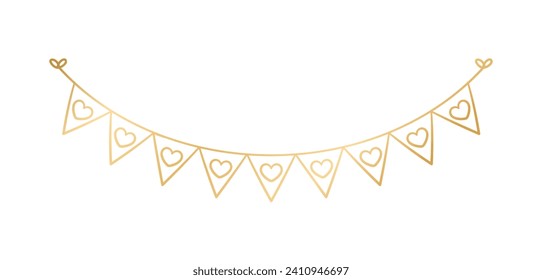 Banderas de oro con patrón de corazón. Cumpleaños festivo, fiesta de San Valentín. Ilustración vectorial de garlands colgantes