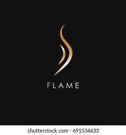 Golden flame icon isolated on black background. Fire logo, vector illustration, graphic design. For websites and print.