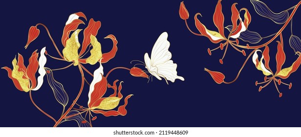 Golden flame lily line art dark blue background  Luxury hand drawn banner design and gold   red gloriosa lily  white butterfly   leaves  For wallpaper  prints   cover 