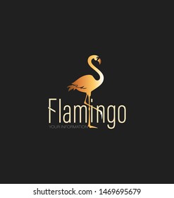 Golden flamingo. Logo, emblem. Black background. Logo and name design for corporate identity, thematic site with a place for information.