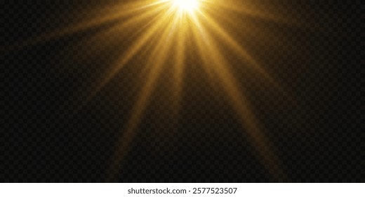 Golden flare and star flash, rays and lens effect.
