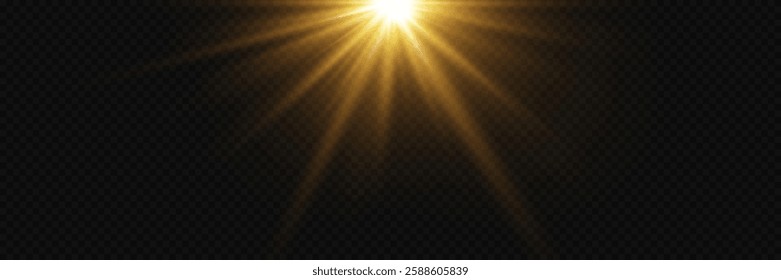 Golden flare and star flash, rays and lens effect.