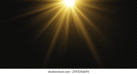 Golden flare and star flash, rays and lens effect.