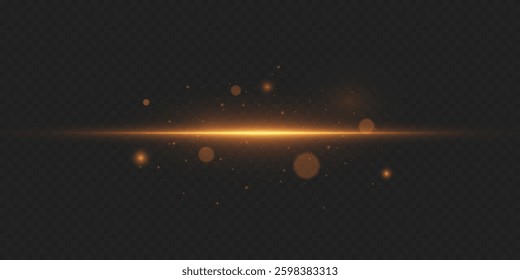 Golden flash effect on a horizontal line of light. On a transparent background.