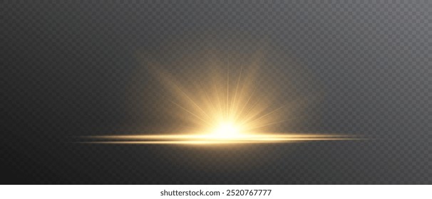 Golden flash effect on transparent background with rays and glare. Yellow blur effect. Flash of light. Vector illustration for web design. 