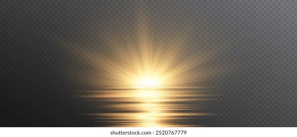 Golden flash effect on transparent background with rays and glare. Yellow blur effect. Flash of light. Vector illustration for web design. 