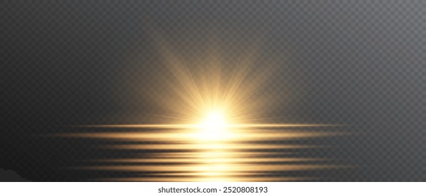 Efeito de flash dourado sobre fundo transparente com raios e brilho. Efeito de desfoque amarelo. Flash de luz. Ilustração vetorial para web design. 