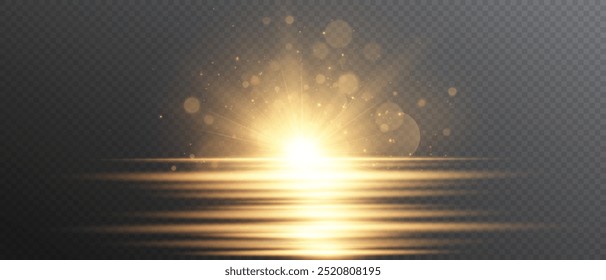 Golden flash effect on transparent background with rays and glare. Yellow blur effect. Flash of light. Vector illustration for web design. 