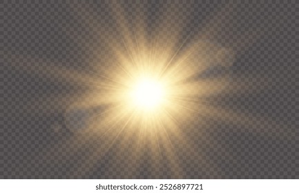 Efeito de flash dourado sobre fundo transparente com raios e brilho. Efeito de desfoque amarelo. Flash de luz. Ilustração vetorial para web design. 