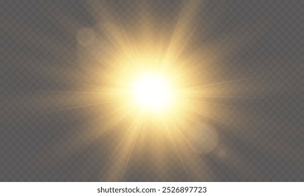 Efecto de destello dorado sobre fondo transparente con rayos y resplandor. Efecto de desenfoque amarillo. Un destello de luz. Ilustración vectorial para el Diseño web. 
