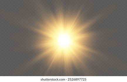 Golden flash effect on transparent background with rays and glare. Yellow blur effect. Flash of light. Vector illustration for web design. 