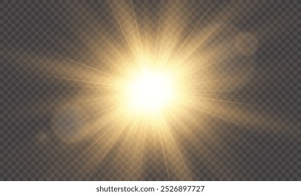 Golden flash effect on transparent background with rays and glare. Yellow blur effect. Flash of light. Vector illustration for web design. 