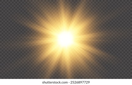 Golden flash effect on transparent background with rays and glare. Yellow blur effect. Flash of light. Vector illustration for web design. 