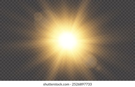 Golden flash effect on transparent background with rays and glare. Yellow blur effect. Flash of light. Vector illustration for web design. 