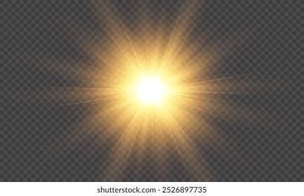 Golden flash effect on transparent background with rays and glare. Yellow blur effect. Flash of light. Vector illustration for web design. 