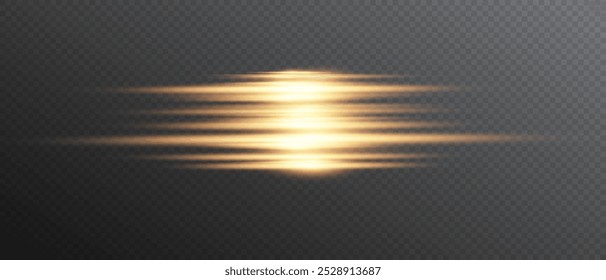 Golden flash effect on transparent background with rays and glare. Yellow blur effect. Flash of light. Vector illustration for web design. 