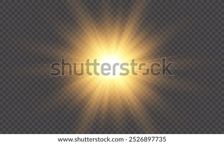 Golden flash effect on transparent background with rays and glare. Yellow blur effect. Flash of light. Vector illustration for web design. 