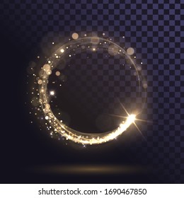 A golden flash flies in a circle in a luminous ring, shiny rotation effect with sparks