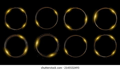 Golden flash flies in a circle in a luminous ring, shiny rotation effect with sparks. Gold neon round frame with lights effects on black background. Glowing magical flashes of fire ring trail. Vector.