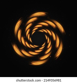 A golden flash flies in a circle in a luminous ring. Abstract glittering swirl. Flare trail with glitter dust, golden fairy dust.