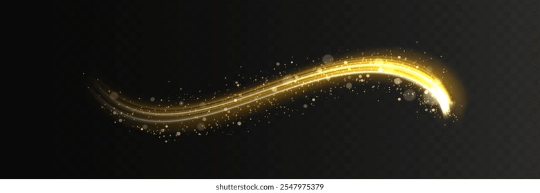 Golden flash with glittering dust particles. Christmas shooting star trail, shining light effects. Element for your design, advertising, invitation, postcards