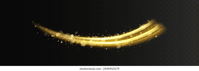 Golden flash with glittering dust particles. Christmas shooting star trail, shining light effects. Element for your design, advertising, invitation, postcards