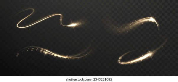 Golden flash with glittering dust and shimmery particles. Christmas shooting star trail, shining light effects