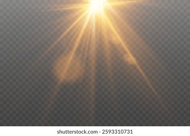 Golden flash of light, lens flare. On a transparent background.