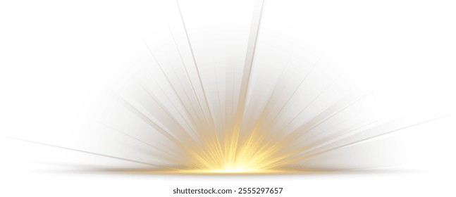 A golden flash. Sunlight with glare. Vector illustration for perfect effect with glitter. Ray of bright sun PNG. Bright flash. Glare effect. 
